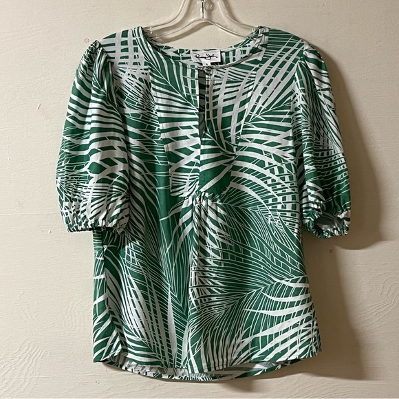 Panama Jack Green White Linen Blend Tropical Palm Print Short Sleeve Top Small - Picture 1 of 7
